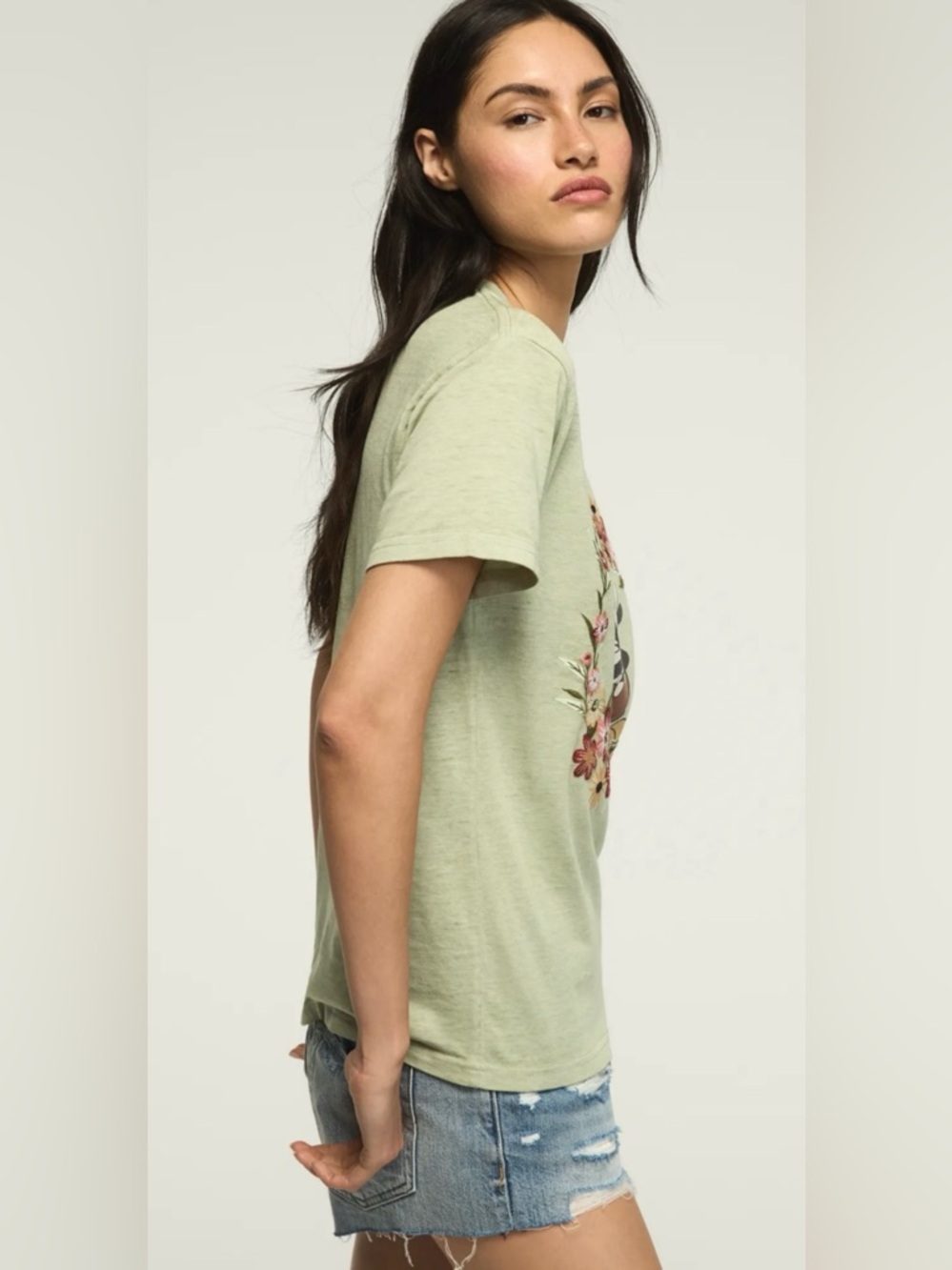 Disney Mickey Mouse Logo Flower Embroidered Tee Sage Green Size S NWT - Picture 3 of 12